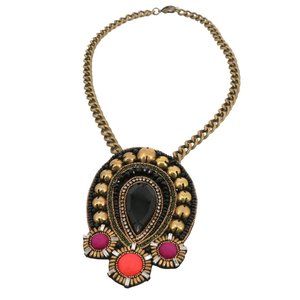 Ranjana Khan Heavily Beaded Black Stone Leather Back Long Statement Necklace